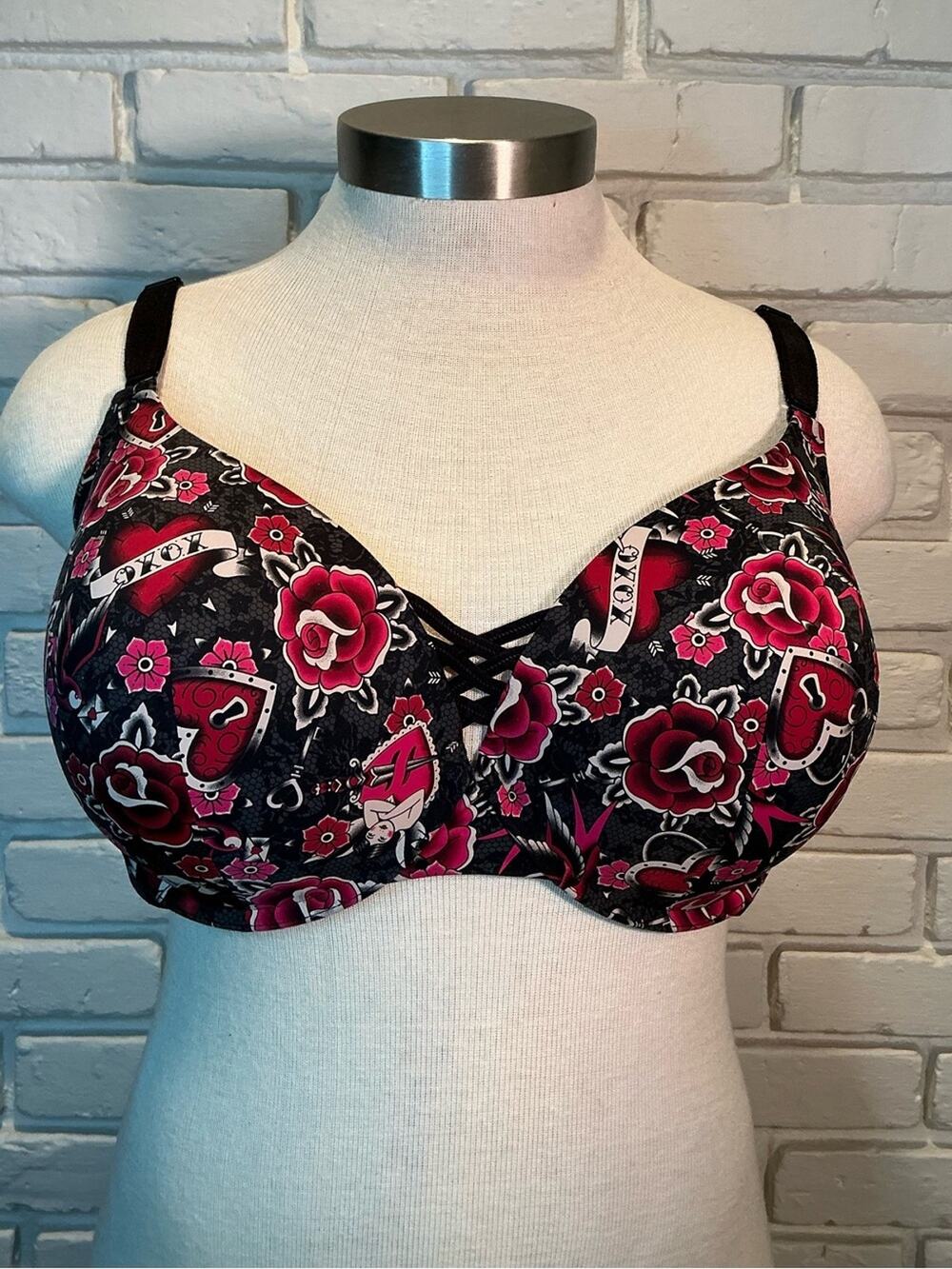 Torrid Curve XO Red Black Rose Tattoo Print Padded Underwire Bra 46DD